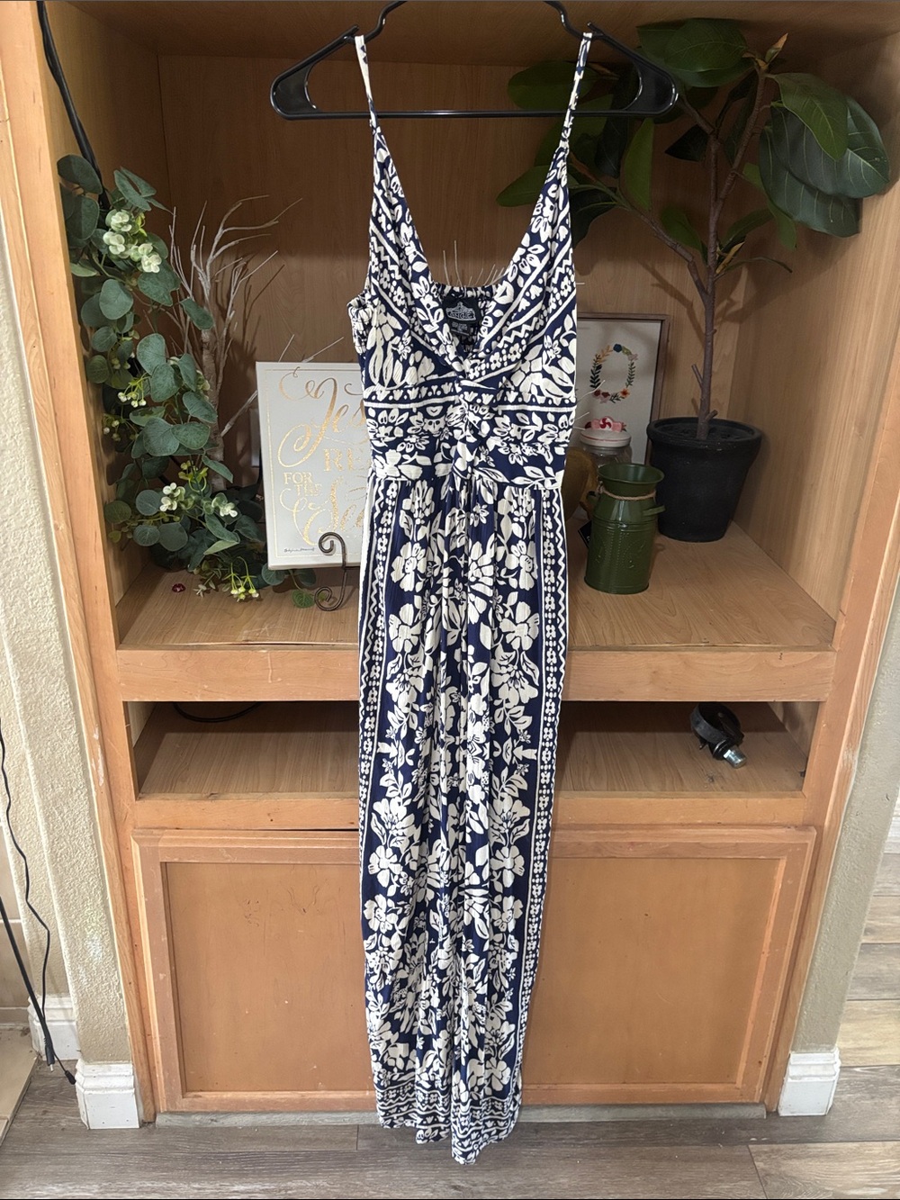 Angie Navy Ivory Floral Twist Front Boho Maxi Dress Medium